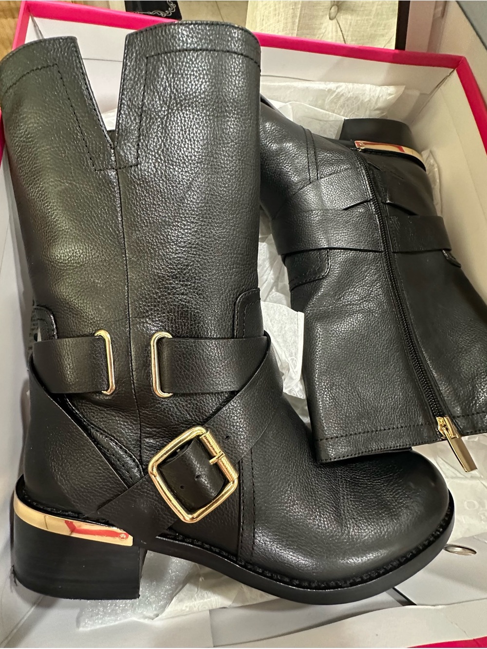 Vince Camuto Women's 8 Black Leather Mid-Calf Boot with Gold Buckle